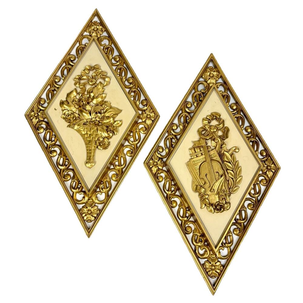 Syroco Diamond Shape Gold Wall Plaque 4271 Set of 2 Vintage Hollywood Regency